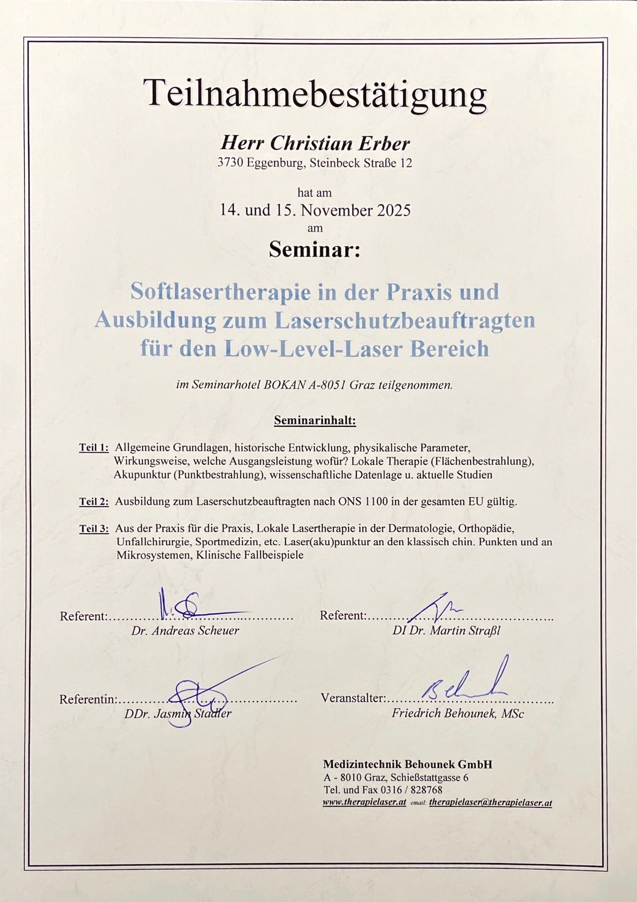 Zertifikat Softlasertherapie (Low-Level-Laser), DGKP Christian Erber